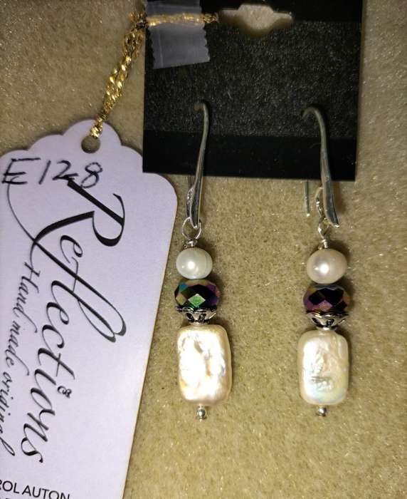 Sterling Silver earrings w oblong Baroque pearls. E128