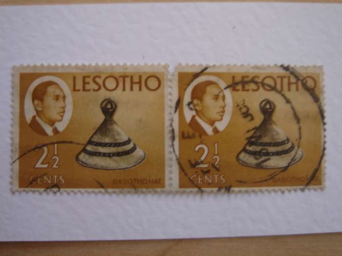 1967 Lesotho - Basotho Hat 2 1/2 c horizontal pair used, stamped