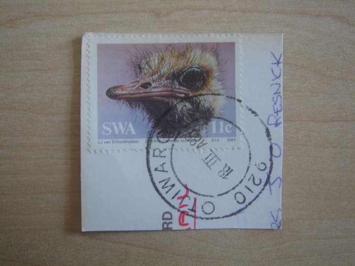 1985 SWA - Ostrich 11c on postal item, stamped in Otjiwarongo