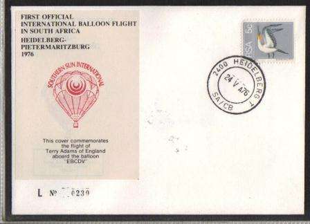 AVIATION 1976 FLIGHT COVER BALLOON FLIGHT HEILDELBURG TO PIETERMARITZBURG # L230