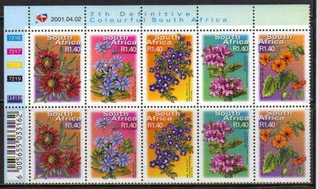 RSA 2001 7TH DEFINITIVE R1.40 FLOWERS MNH CONTROL BLOCK 7216-7219 OF 10 DATED 2001/04/02