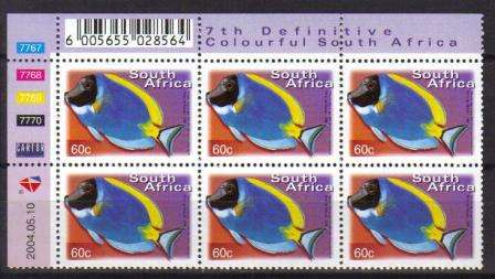 RSA 2004 7TH DEFINITIVE 60c FISHES MNH CONTROL BLOCK 7767-7770 OF 6 DATED 2004/05/10