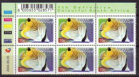 RSA 2004 7TH DEFINITIVE 70c FISHES MNH CONTROL BLOCK 7771-7774 OF 6 DATED 2004/05/05