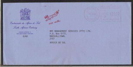 AVIATION 1986 PORTUGAL AIRMAIL COVER ADDRESSED TO SA WITH HANDCANCELLED AIRMAIL CACHET