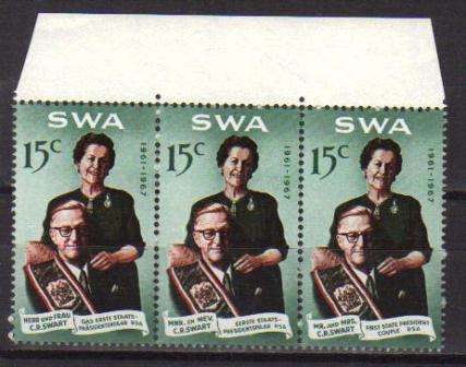 SWA 1968 PRESIDENT SWART COMMEMORATION 15c MNH MARGINAL STRIP OF 3 ON HARRISON PAPER