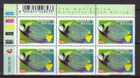RSA 2003 7TH DEFINITIVE 30c FISHES MNH CONTROL BLOCK 7552 OF 6 DATED 2003/05/22