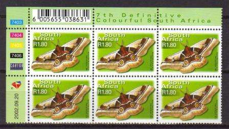 RSA 2002 7TH DEFINITIVE R1.80 BUTTERFLIES MNH CONTROL BLOCK 7403 OF 6 DATED 2002/09/20