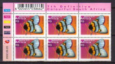 RSA 2002 7TH DEFINITIVE R9.00 BUTTERFLIES MNH CONTROL BLOCK 7419 OF 6 DATED 2002/09/20