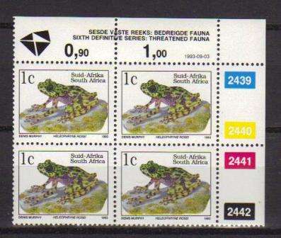 RSA 1993 6TH DEFINITIVE THREATENED FAUNA 1c MNH CONTROL BLOCK 2439/2442 PANE A DATED 1993/09/03
