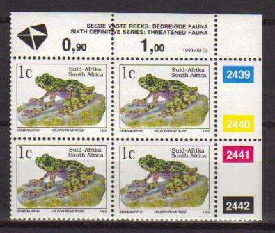 RSA 1993 6TH DEFINITIVE THREATENED FAUNA 1c MNH CONTROL BLOCK 2439/2442 PANE B DATED 1993/09/03