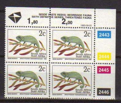 RSA 1993 6TH DEFINITIVE THREATENED FAUNA 2c CONTROL BLOCK 2443/2446 PANE A DATED 1993/09/03