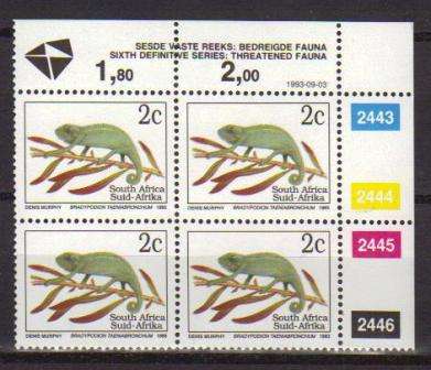 RSA 1993 6TH DEFINITIVE THREATENED FAUNA 2c MNH CONTROL BLOCK 2443/2446 PANE B DATED 1993/09/03