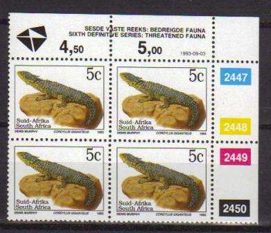 RSA 1993 6TH DEFINITIVE THREATENED FAUNA 5c MNH CONTROL BLOCK 2447/2450 PANE A DATED 1993/09/03