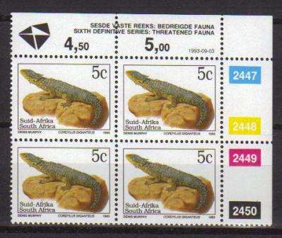 RSA 1993 6TH DEFINITIVE THREATENED FAUNA 5c MNH CONTROL BLOCK 2447/2450 PANE B DATED 1993/09/03
