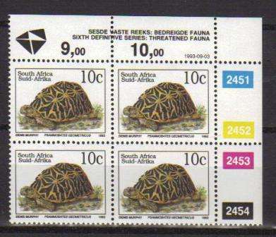 RSA 1993 6TH DEFINITIVE THREATENED FAUNA 10c MNH CONTROL BLOCK 2451/2454 PANE B DATED 1993/09/03