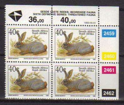 RSA 1993 6TH DEFINITIVE THREATENED FAUNA 40c MNH CONTROL BLOCK 2459/2462 PANE B DATED 1993/09/03