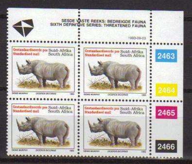 RSA 1993 6TH DEFINITIVE THREATENED FAUNA SP MNH CONTROL BLOCK 2463/2466 PANE B DATED 1993/09/03