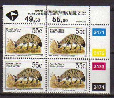 RSA 1993 6TH DEFINITIVE THREATENED FAUNA 55c MNH CONTROL BLOCK 2471/2474 PANE A DATED 1993/09/03