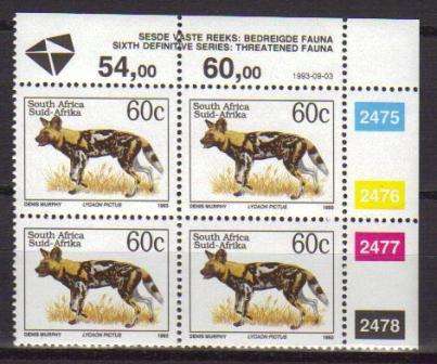 RSA 1993 6TH DEFINITIVE THREATENED FAUNA 60c MNH CONTROL BLOCK 2475/2478 PANE A DATED 1993/09/03