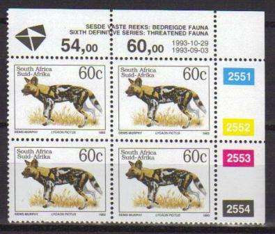 RSA 1993 6TH DEFINITIVE THREATENED FAUNA 60c MNH CONTROL BLOCK 2551/2554 PANE A DATED 1993/10/29