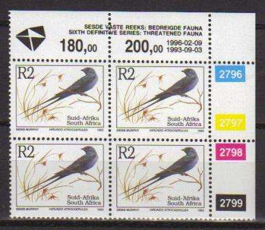 RSA 1996 6TH DEFINITIVE THREATENED FAUNA R2 MNH CONTROL BLOCK 2796/2799 PANE B DATED 1996/02/09