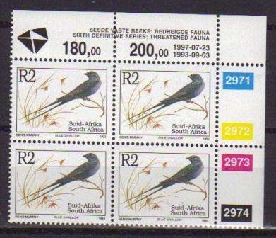 RSA 1997 6TH DEFINITIVE THREATENED FAUNA R2 MNH CONTROL BLOCK 2971/2974 PANE B DATED 1997/07/23