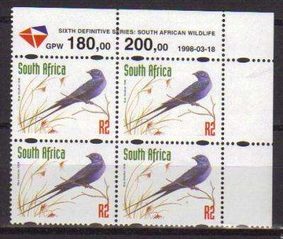 RSA 1998 6TH DEFINITIVE THREATENED FAUNA R2 MNH CONTROL BLOCK UNNUMBERED PANE B DATED 1998/03/18