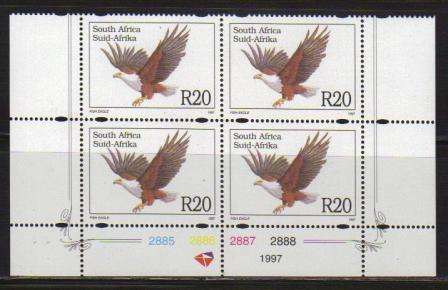 RSA 1997 6TH DEFINITIVE FAUNA R20 FISH EAGLE MNH CONTROL BLOCK PANE F OF 4