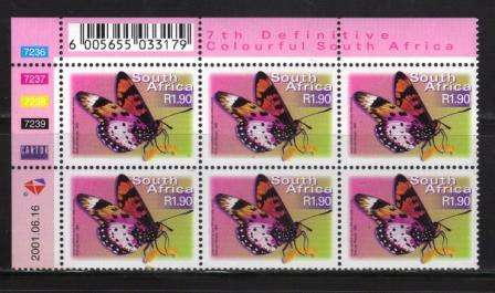 RSA 2001 7TH DEFINITIVE R1.90 BUTTERFLIES MNH CONTROL BLOCK 7236/7239 OF 6 DATED 2001/06/16