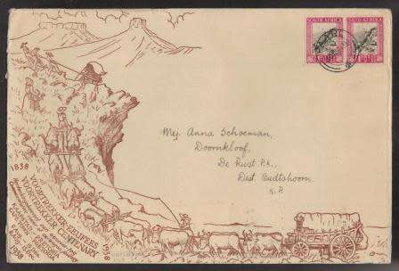 UNION SA 1938 VOORTREKKER MEMORIAL FUND 1ST TREK COM COVER CXD PAARL 10/8/38