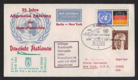 AVIATION 1973 CONCORDE FLIGHT COVER BERLIN - NEW YORK 24/11/73