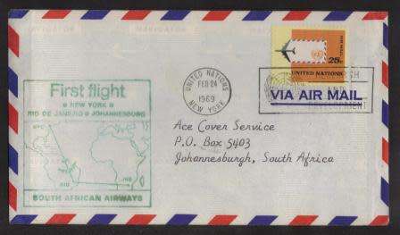 AVIATION 1969 FLIGHT COVER SAA FIRST FLIGHT NEW YORK - JOHANNESBURG