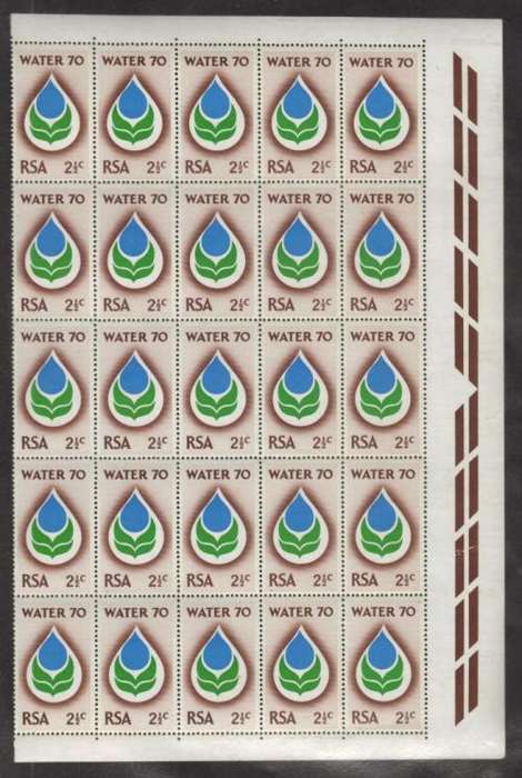 RSA 1970 WATER 70 CAMPAIGN 2and1/2c MNH RIGHT MARGINAL BLOCK OF 25