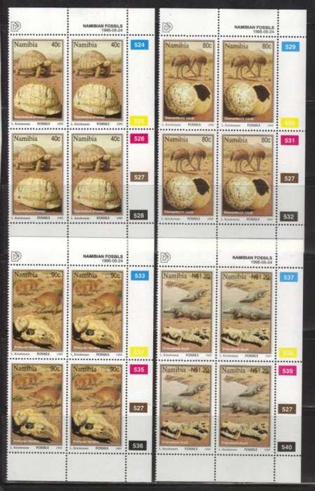 NAMIBIA 1995 FOSSILS SET OF 4  MNH CONTROL BLOCKS OF 4
