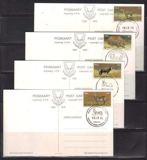 RSA 1976 NATIONAL WILDLIFE PARKS SET OF 4 PRIVATE HAND CANCELLED MAXI CARDS WITH SPECIAL D/S