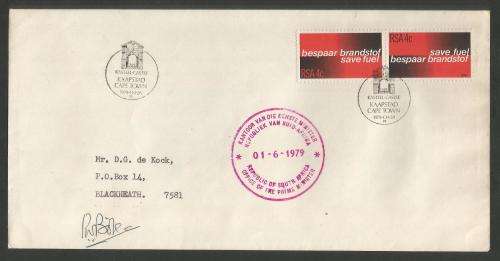 RSA 1979 CAPE TOWN CASTLE COM COVER SIGNED BY PRIME MINISTER PW BOTHA WITH CIRCULAR CACHET