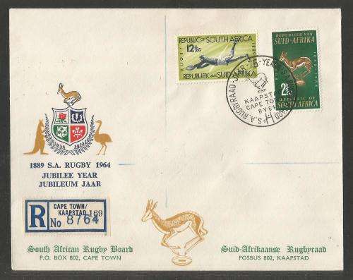 RSA 1964 75TH ANNIV SA RUGBY BOARD SET ON REG ILLUSTRATED PRIVATE FDC WITH OFFICIAL CT D/S