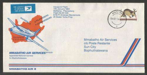 AVIATION 1984 MMABATHO AIR SERVICES FLIGHT COVER #3 1ST FLIGHT MAFIKENG - PILANESBERG