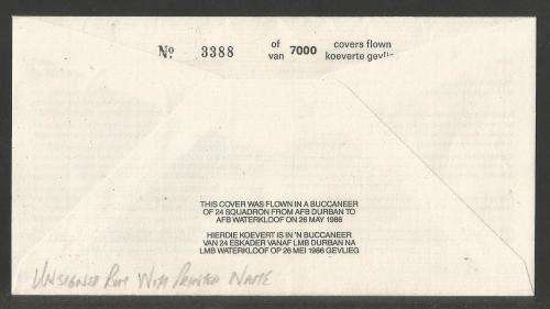 SA AIR FORCE (SAAF) FLIGHT COVER # 25 - 1986 21ST ANNIV BUCCANEER UNSIGNED BUT WITH PRINTED NAME