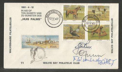 RSA 1991 IN AID OF HUIS PALMS COM COVER WALVIS BAY PHILATELIC CLUB #11 SIGNED BY 3
