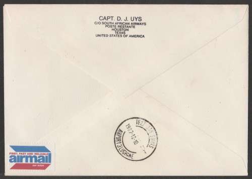 AVIATION 1982 KEMPAIR FLIGHT COVER #1.32 1ST SAA FLIGHT HOUSTON TO JHB