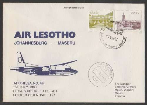 AVIATION 1983 AIRPHILSA FLIGHT COVER #49 1ST FLIGHT FOKKER FRIENDSHIP JHB - MASERU