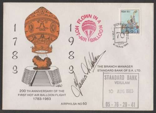 AVIATION 1983 AIRPHILSA FLIGHT COVER #50 200 ANNIV 1ST HOT AIR BALLOON FLIGHT DBN TO VERULAM SIGNED