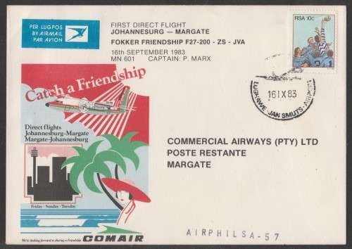AVIATION 1983 AIRPHILSA FLIGHT COVER #57 1ST DIRECT FLIGHT COMAIR  FOKKER FRIENDSHIP JHB TO MARGATE