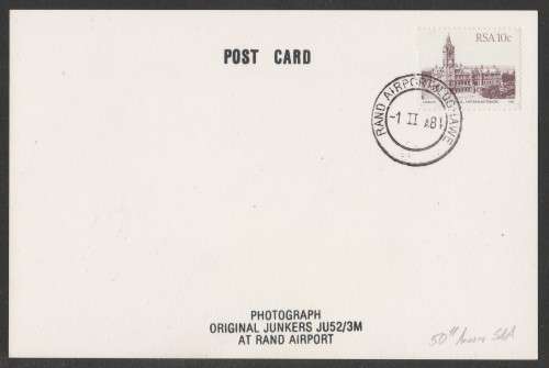 AVIATION 1984 SAA 50TH ANNIV ON JUNKERS JU52 POSTCARD RAND AIRPORT D/S