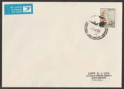 AVIATION 1983 FLIGHT COVER JAN SMUTS AIRPORT-TAIPEI 6/9/83