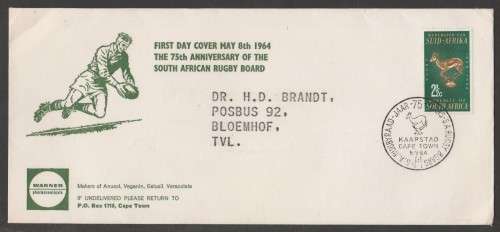 RSA 1964 ANNIV SA RUGBY BOARD DOCTORS FDC WITH ADDRESS IN LARGE CAPS