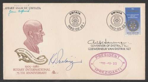 TRANSKEI 1980 75TH ANNIV ROTARY OFFICIAL FDC 1.17 SIGNED BY PRESIDENT MATANZIMA WITH CACHET