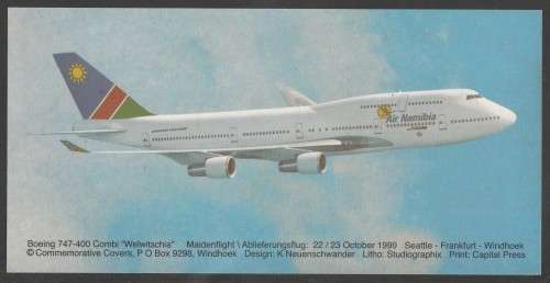 Aviation 1999 Namib Air flight cover #66 Boeing 747-400 Combi numbered and signed