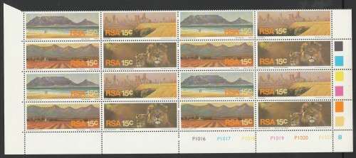 RSA 1975 TOURISM 15c MNH EXTENDED CONTROL BLOCK OF 16 PANE B